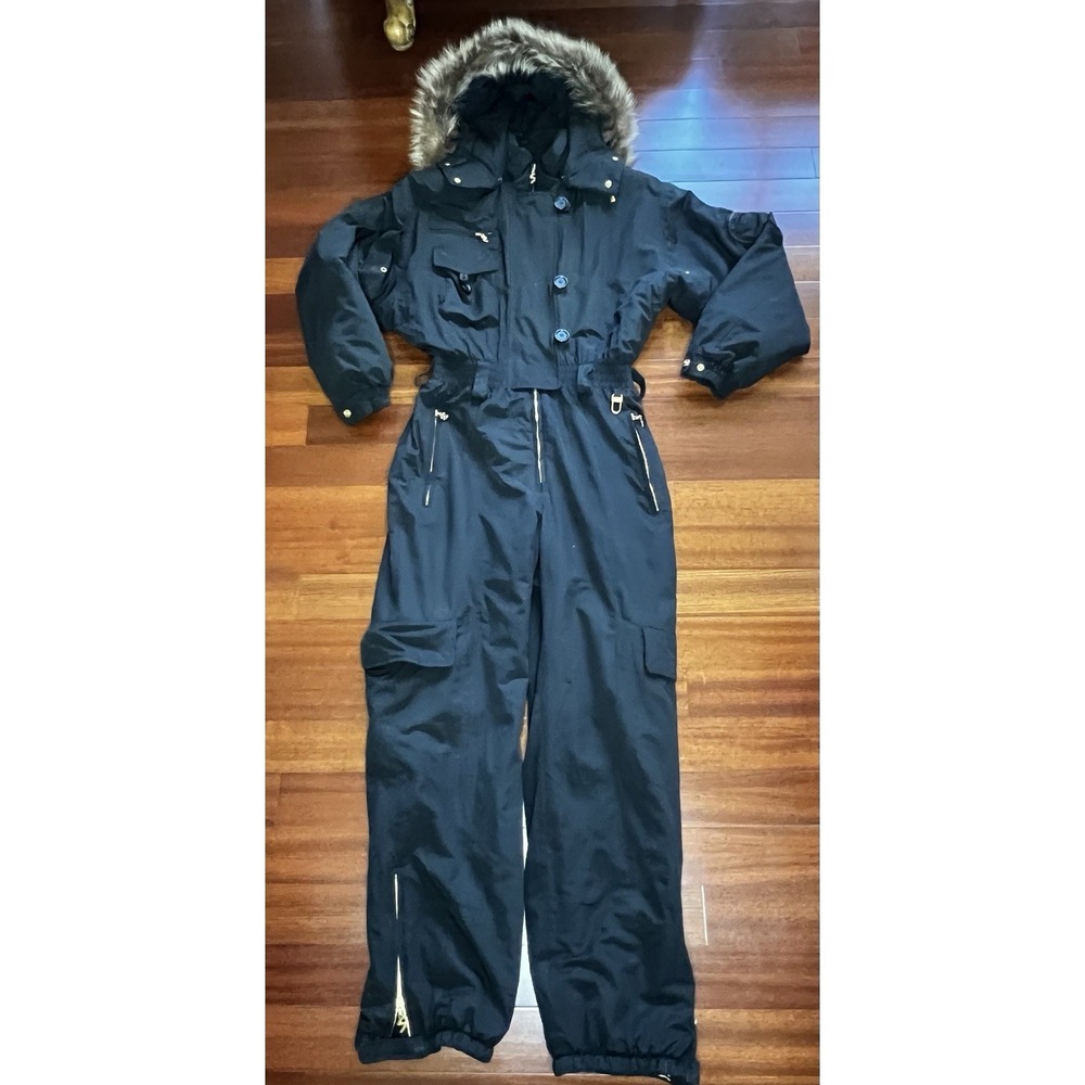 Bogner Black w/ Gold Ski Snow Jumpsuit Raccoon Fur Hood Black Size 12 EUC - Picture 2 of 15